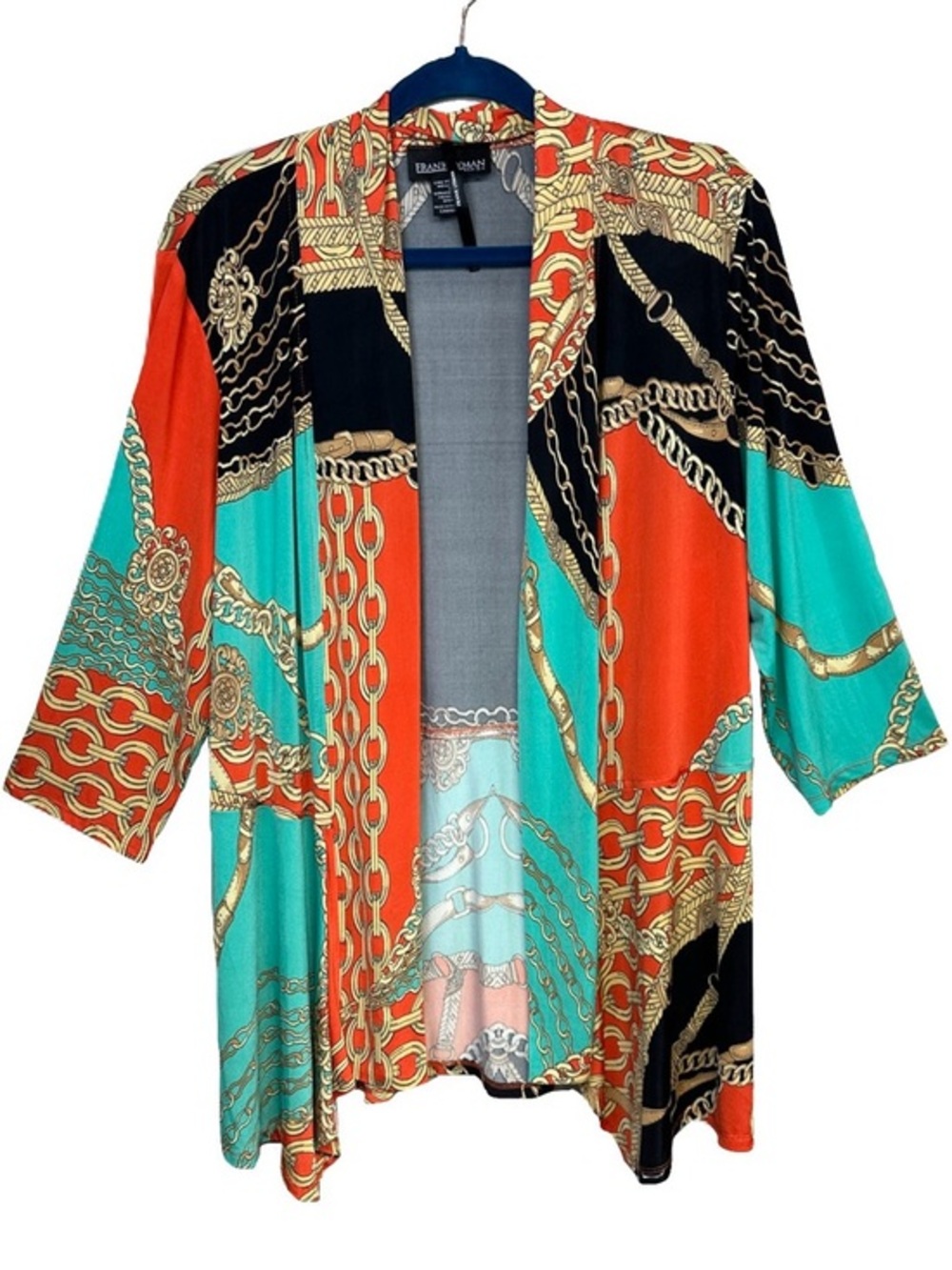Vtg FRANK LYMAN Chain Print Open Draped Cardigan Size 18 Red Black Green Stretch
